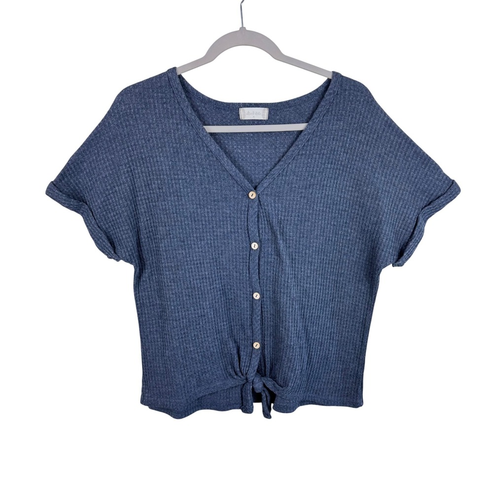 Altar'd State Blue Waffle Knit Button Front Tie Hem Short Sleeve Top Womens M